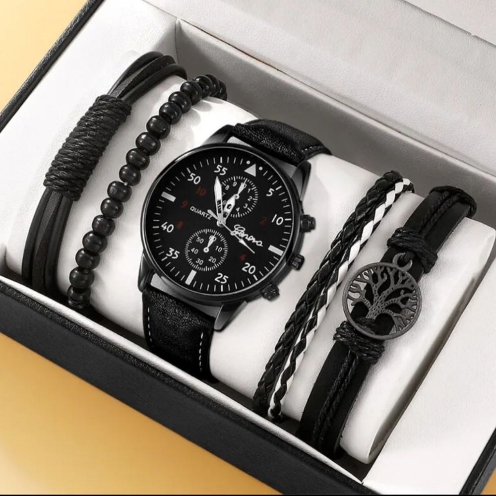 4pcs of brown and black  leather watch and bracelet - Picture 2 of 12